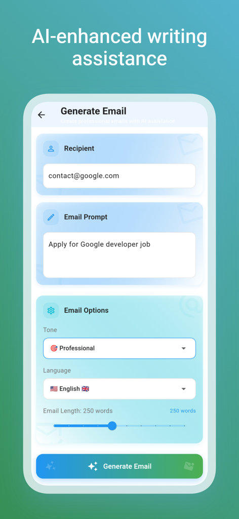 Bildschirm der mobilen App zum Erstellen professioneller E-Mails mit KI-Assistentenoptionen.