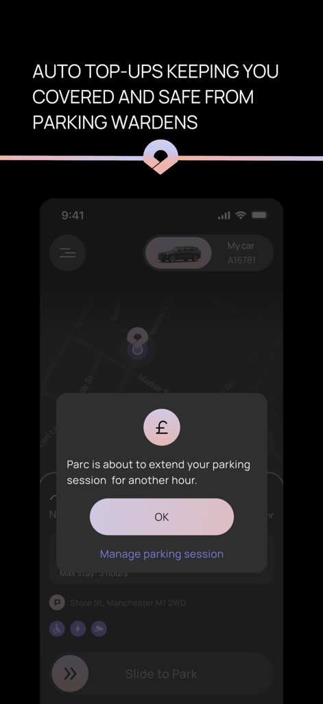 Parc - Mobile app notification from Parc showing an automatic parking session extension to prevent tickets