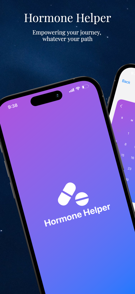 Tela de splash do aplicativo Hormone Helper com um ícone de pílula e o slogan Empoderando sua jornada, qualquer que seja seu caminho
