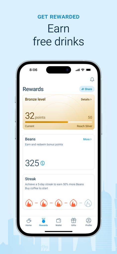 BEANZ - بينز - BEANZ mobile app rewards screen showing bronze level progress, points balance, and coffee order streaks.