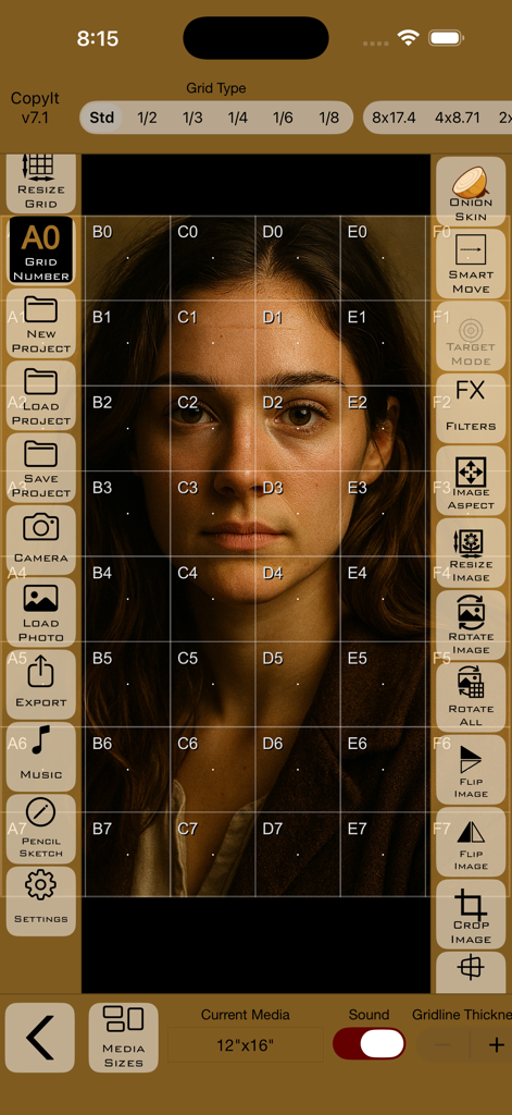 CopyIt The Grid Drawing Method - Interfaz de la aplicación CopyIt que muestra un retrato con una superposición de cuadrícula numerada para un dibujo de precisión.
