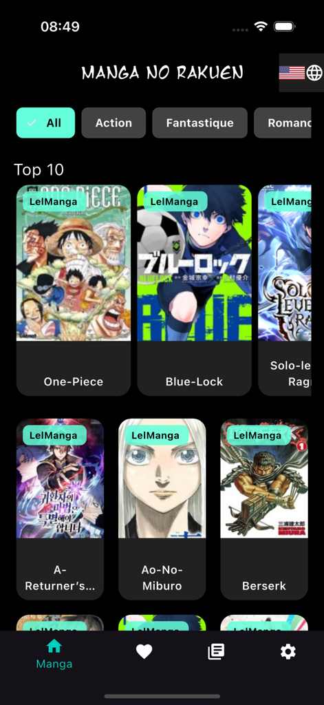 Manga No Rakuen - Interfaz de la aplicación Manga No Rakuen mostrando una lista de los 10 mejores títulos de manga populares y filtros de género.