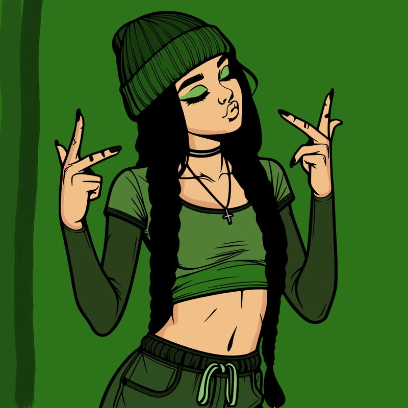 realistic teenage girl with braids and a beanie and crop top doing 🫶🏼