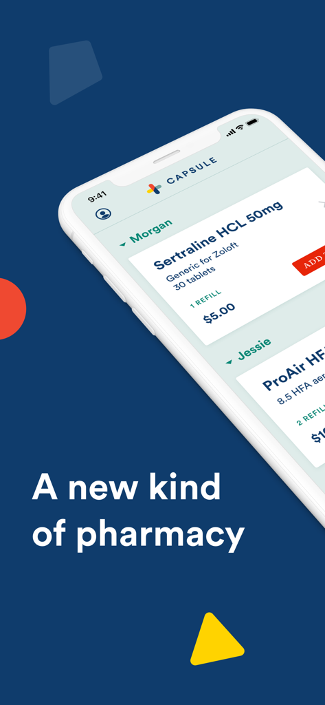 Capsule Pharmacy - Capsule Pharmacy app interface on an iPhone showing prescription refills for family members with the text A new kind of pharmacy.
