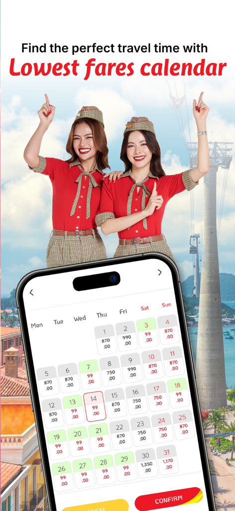 ベトジェットタイモバイルアプリ内のフライト価格カレンダー機能を表示するスマートフォンの画面