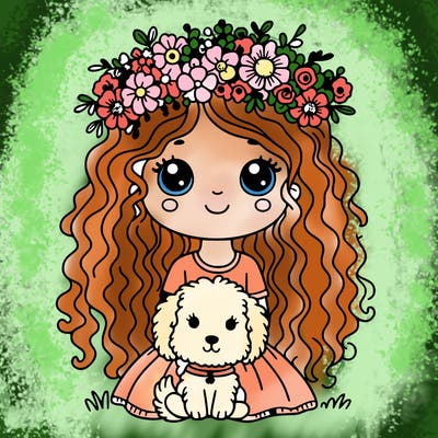 girl with curly hair with flower crown and cute puppy