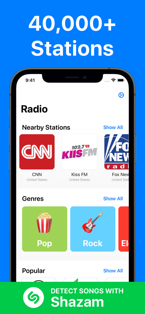 FM Radio App interface featuring nearby stations, music genres, and Shazam song detection.