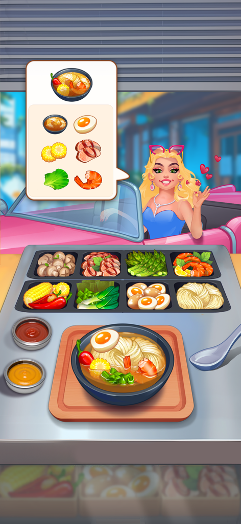 Royal Cooking - Ein Gameplay-Bildschirm von Royal Cooking, der einen Spieler zeigt, der eine individuelle Ramen-Schüssel für einen Kunden in einem rosa Auto zubereitet.