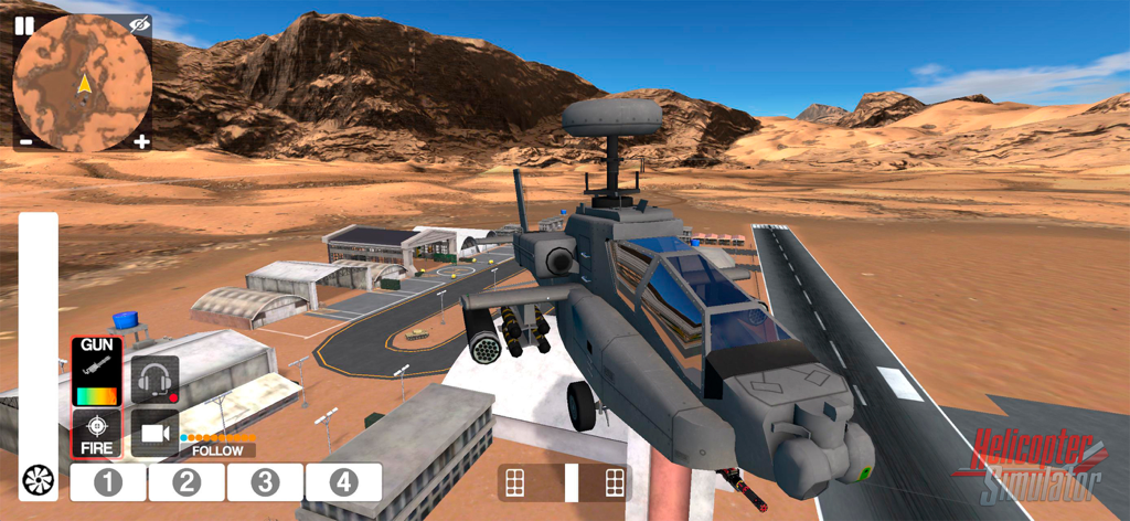 Helicopter Simulator 2026 - Military helicopter hovering over a desert base in Helicopter Simulator 2026