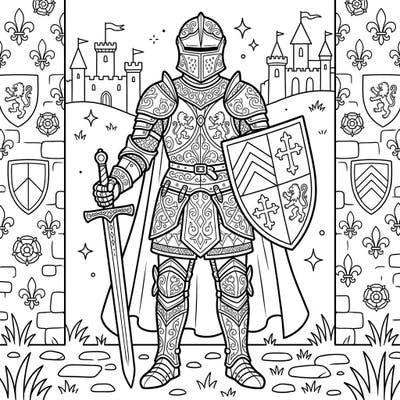Journey back to the age of chivalry with this magnificent late medieval knight coloring page. Adorned in full plate armor, he stands ready for your creative touch amidst castles and heraldry.