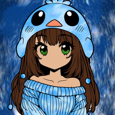 anime girl with chick shaped hat with sweater with bare shoulders with bangs covering them one eye with low tail