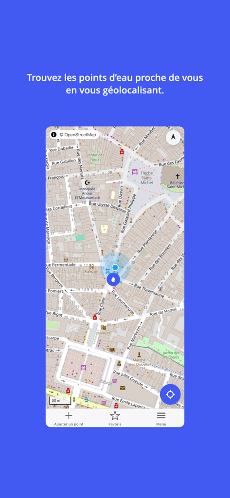 Interface do mapa do aplicativo FreeTaps mostrando pontos de recarga de água próximos com base na geolocalização