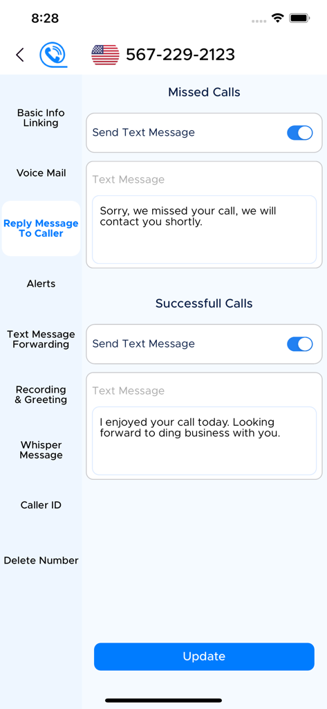 The Call Portal & Phone Number - 놓치거나 성공한 통화에 대한 자동 문자 응답 설정을 보여주는 통화 포털 앱 인터페이스.