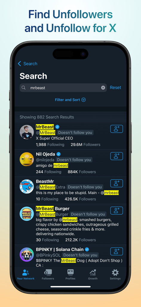 Who Unfollowed Me on X/Twitter - Search results for unfollowers on X in the Who Unfollowed Me app interface