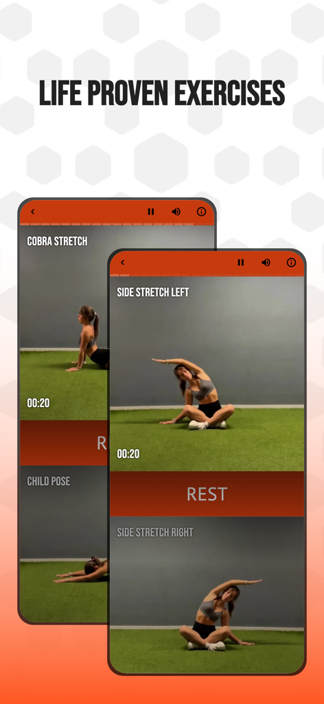 7 Minute Morning Workout - Interfaz de la aplicación 7 Minute Morning Workout que muestra guías de video para los ejercicios de Estiramiento de Cobra y Estiramiento Lateral