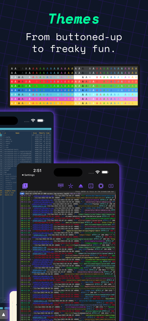 Prompt 3 - A showcase of customizable terminal themes and color-coded server logs in the Prompt 3 app for iOS