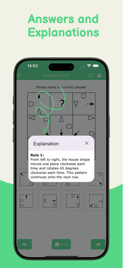 IQ Test: Advanced Matrices Pro - Captura de tela do aplicativo IQ Test Advanced Matrices Pro mostrando um quebra-cabeça lógico e uma caixa de explicação detalhada para a resposta.