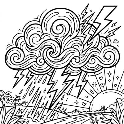 Dive into a dramatic yet delightful scene with our Booming Thunder and Summer coloring page, blending the power of a storm with the warmth of a sunset. This unique design features a swirling thundercloud, vibrant lightning, and tropical elements for an exciting coloring adventure.