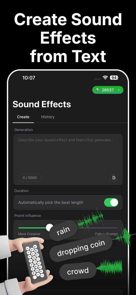 VoiceGen - AI Voice Generator - VoiceGen app interface showing the AI sound effects generator from text prompts