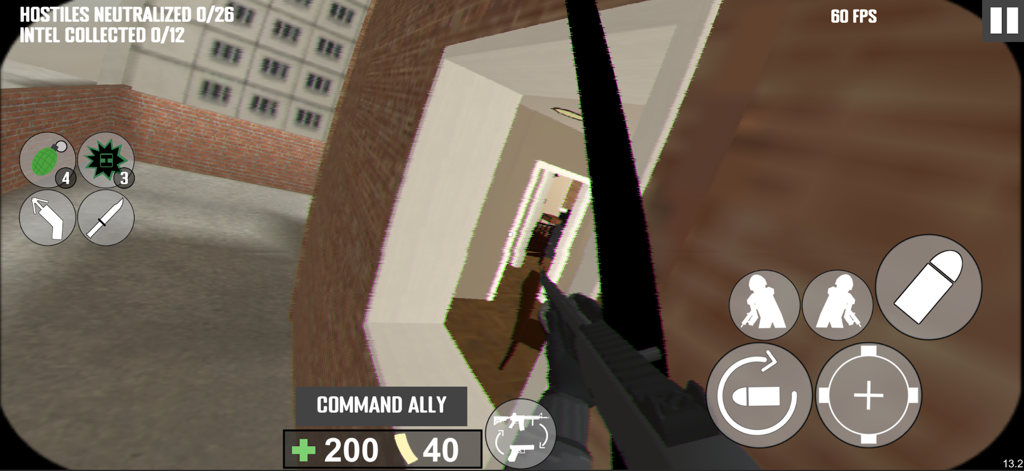 Project Breach 2 COOP CQB FPS - First-person tactical view showing a player leaning through a doorway in a CQB mission