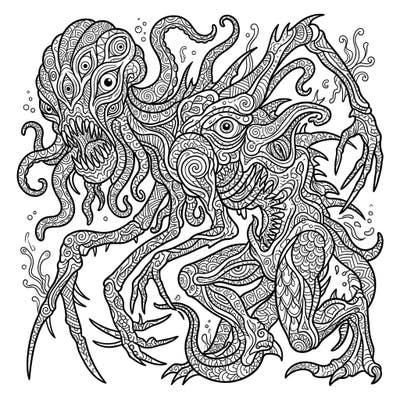 Explore the chilling beauty of the deep with this Zentangle Abyssal Horrors coloring page, featuring two monstrous creatures interwoven with intricate patterns. Perfect for colorists seeking a challenging and meditative artistic experience.