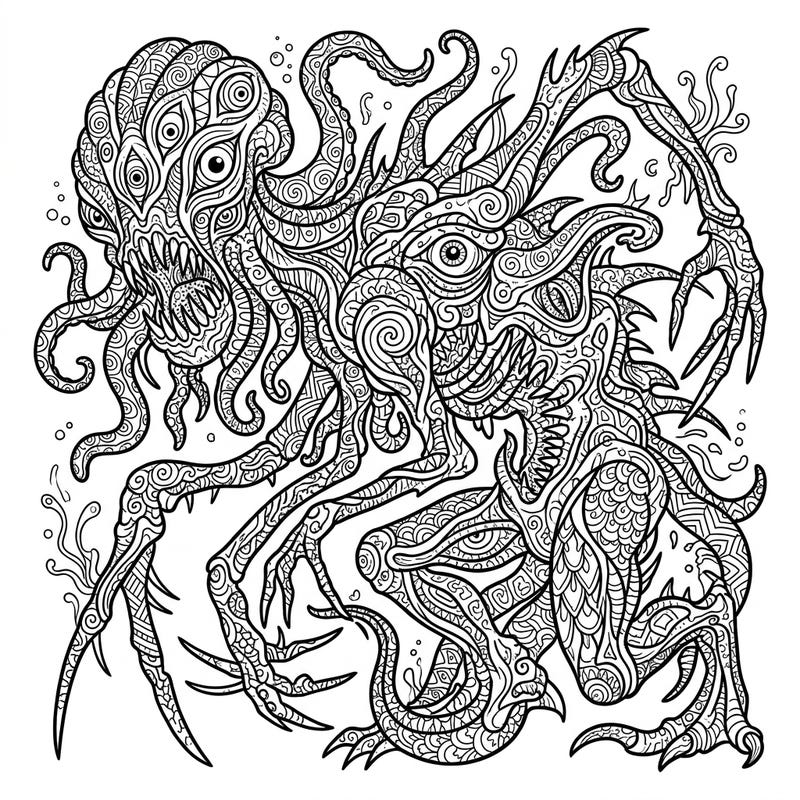 Explore the chilling beauty of the deep with this Zentangle Abyssal Horrors coloring page, featuring two monstrous creatures interwoven with intricate patterns. Perfect for colorists seeking a challenging and meditative artistic experience.