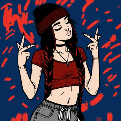 realistic teenage girl with braids and a beanie and crop top doing 🫶🏼