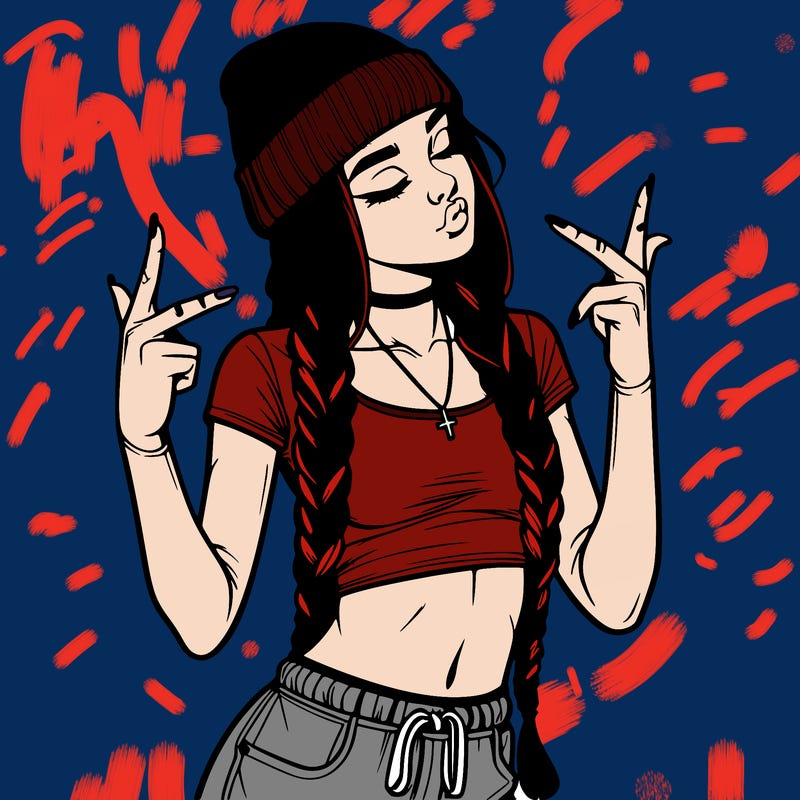 realistic teenage girl with braids and a beanie and crop top doing 🫶🏼