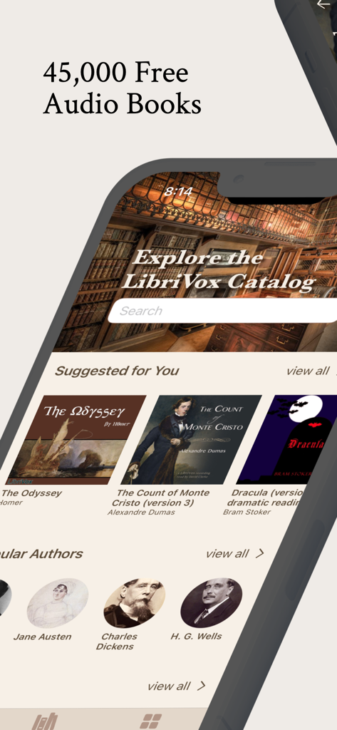 LibriVox Audiobooks - L'interface de l'application LibriVox affiche un catalogue de livres audio classiques gratuits et d'auteurs célèbres comme Jane Austen et Charles Dickens.