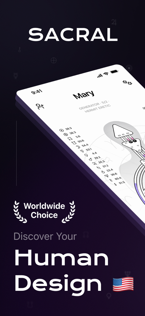 My Human Design App - SACRAL - Interfaz de la App SACRAL mostrando un gráfico personalizado del Bodygraph de Diseño Humano