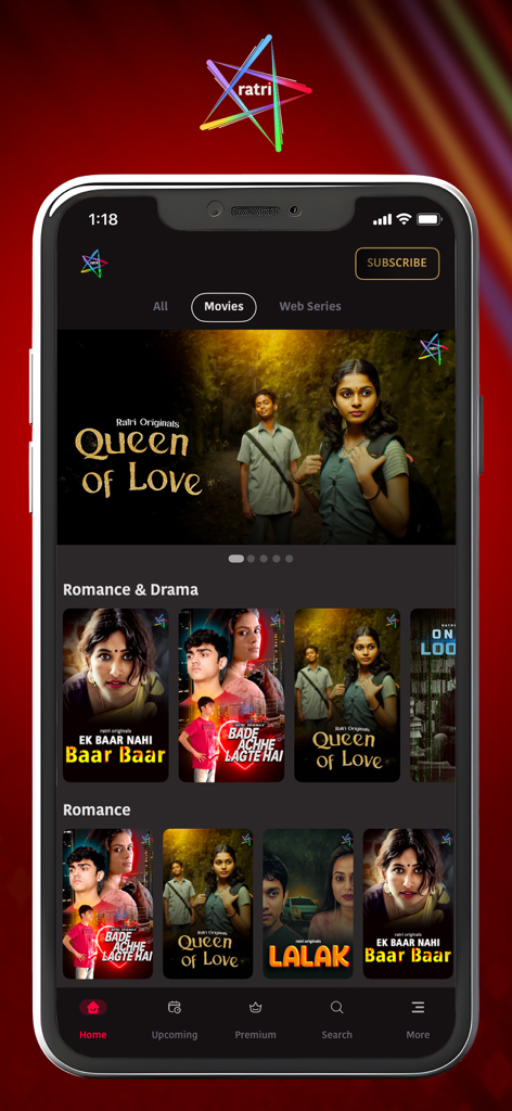 Ratri - Ratri OTT app interface displaying featured Indian movies and romance drama titles.