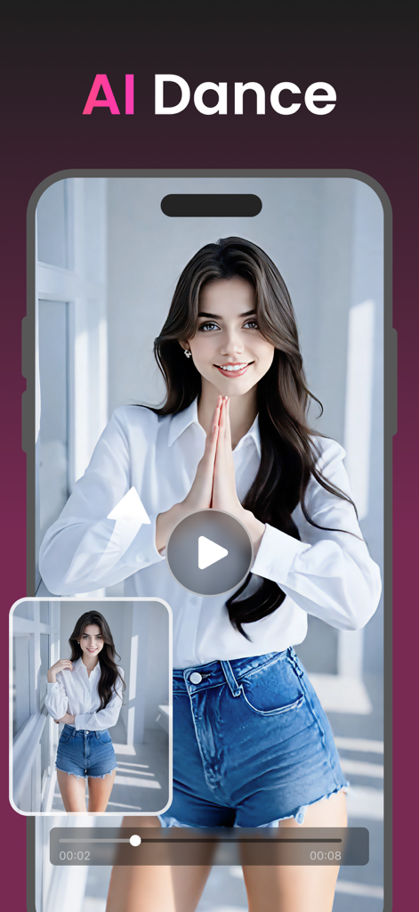 Screenshot of the Wondersnap app AI Dance feature showing a woman transformed from a photo into a video