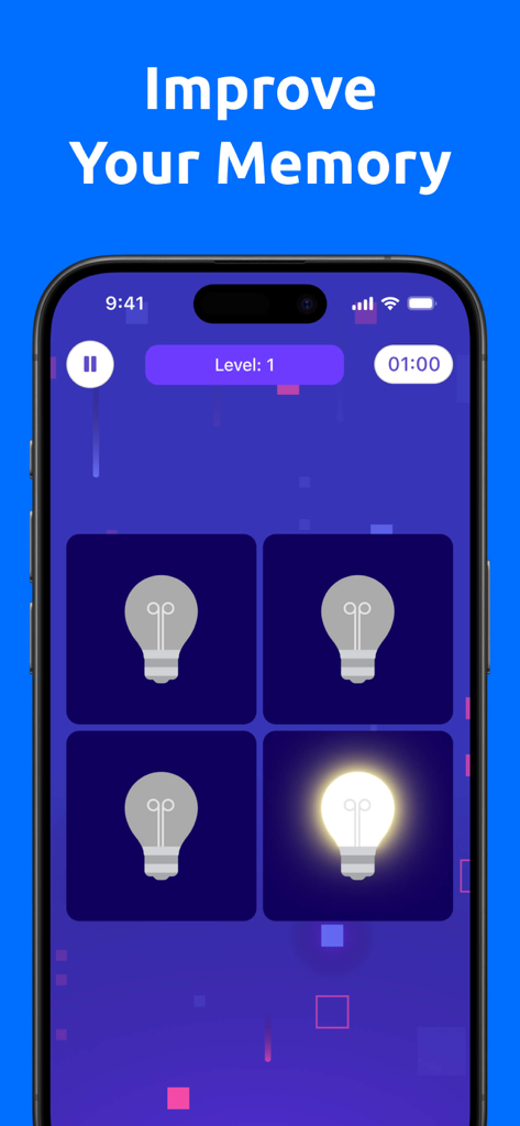 Brain Games: Memory Training - Brain Games app interface showing a memory training level with lightbulb icons
