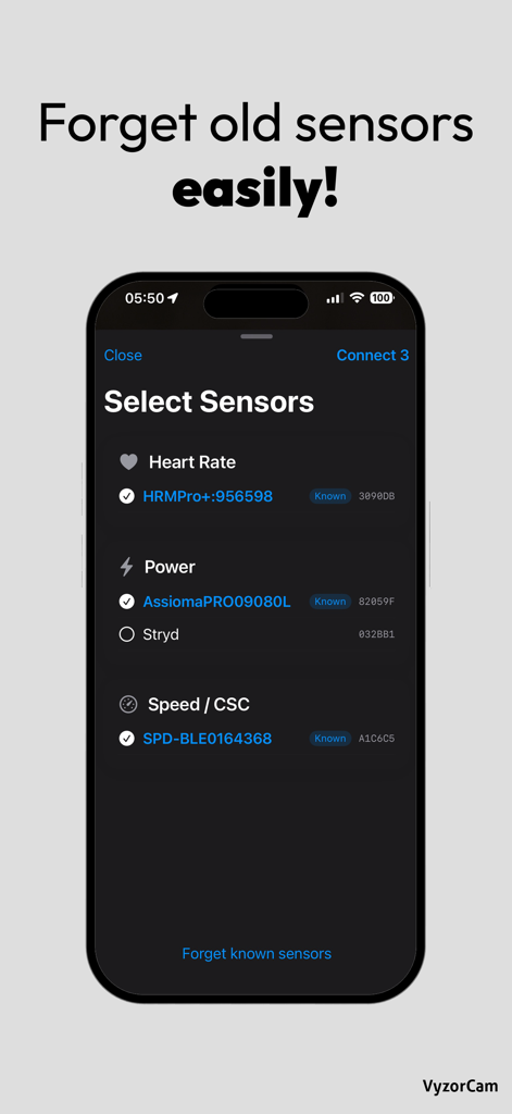 VyzorCam - VyzorCam iPhone app screen showing the selection and management of Bluetooth heart rate, power, and speed sensors.