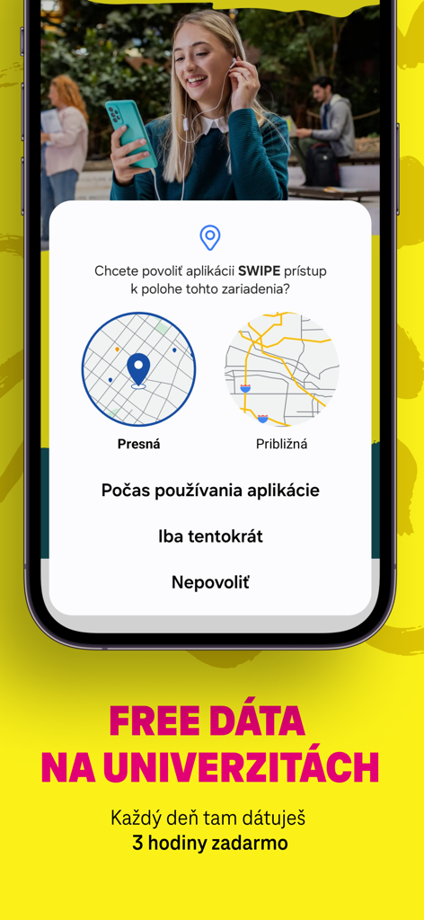 Mensaje de solicitud de permiso de ubicación de la app SWIPE y promoción de datos universitarios gratuitos