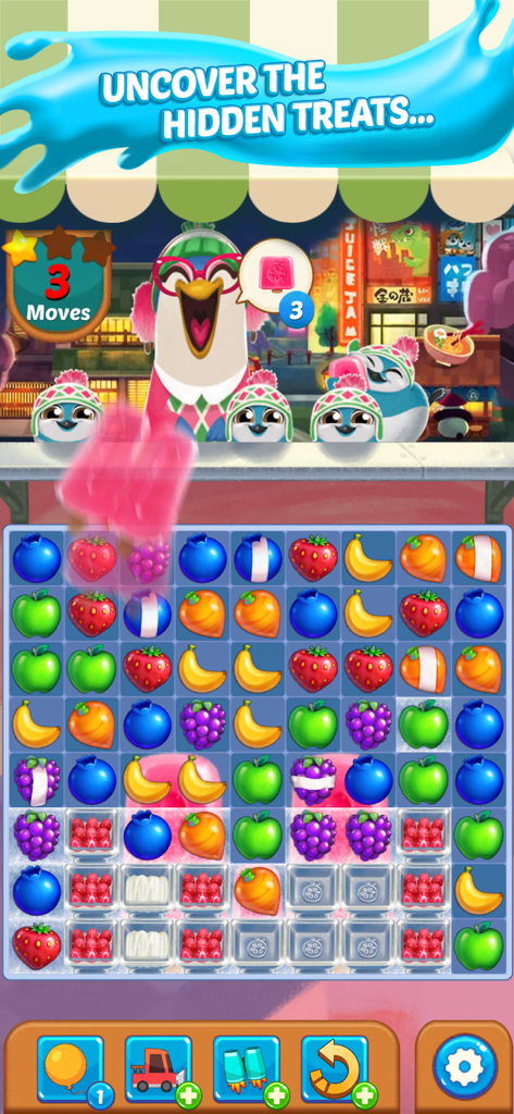 Juice Jam! Match 3 Puzzle Game - Juice Jam gameplay screenshot showing a colorful match 3 puzzle grid with fruit icons and a quirky owl character.