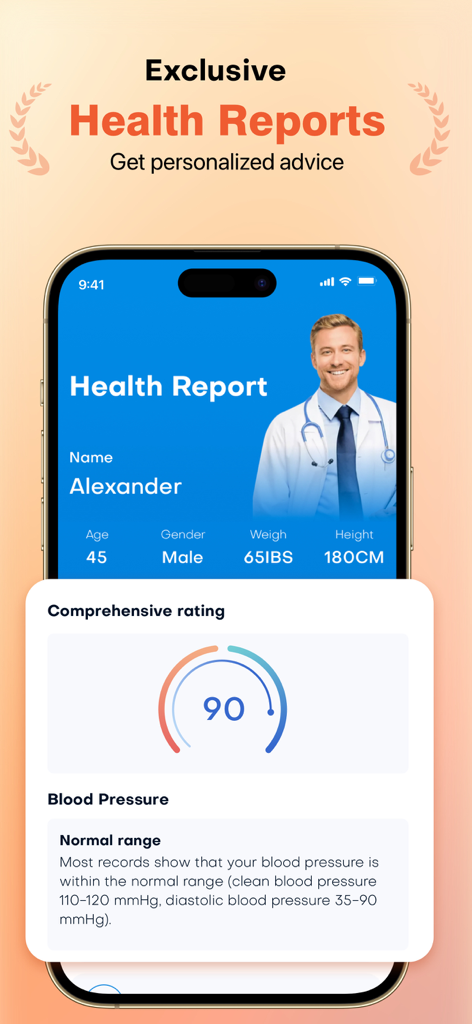 PulsePro app health report screen showing a comprehensive health rating and blood pressure analysis