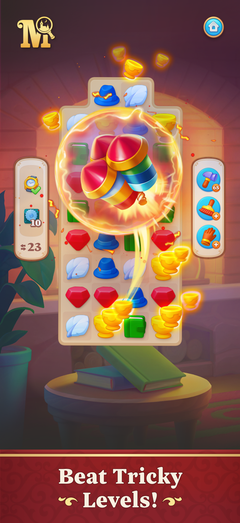 Manor Matters: Adventure Game - Match-3-Rätselspiel in Manor Matters mit einem Raketen-Booster.