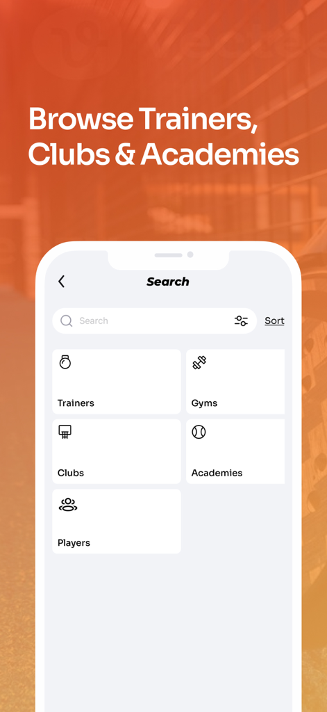 Sportciety app search screen showing categories for trainers gyms clubs and academies