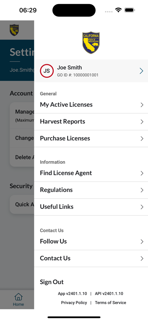 Side menu screen of the CDFW License mobile app showing user profile details and navigation options for fishing and hunting licenses.
