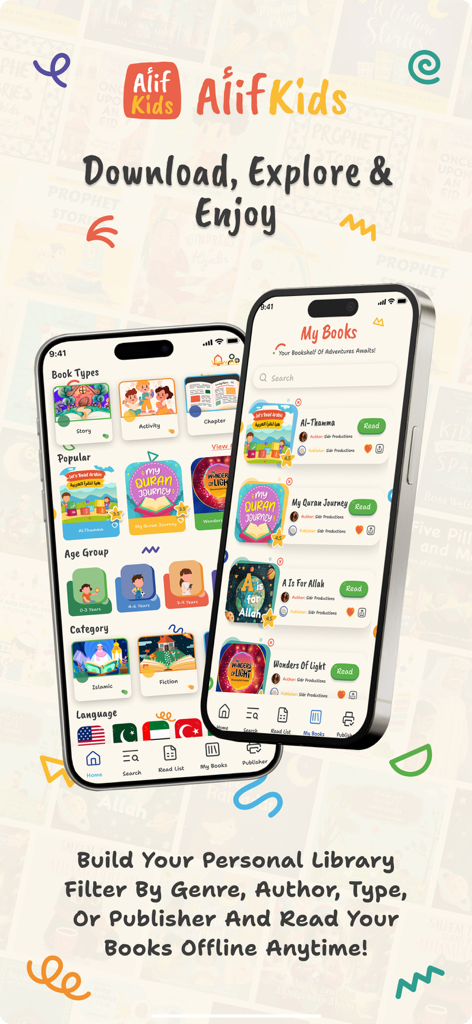 Two smartphones displaying the Alif Kids app interface with children's books categorized by age and genre.
