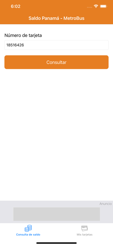 Interfaz de la aplicación Saldo Metro Bus Panamá con un campo para ingresar el número de tarjeta y un botón para verificar el saldo