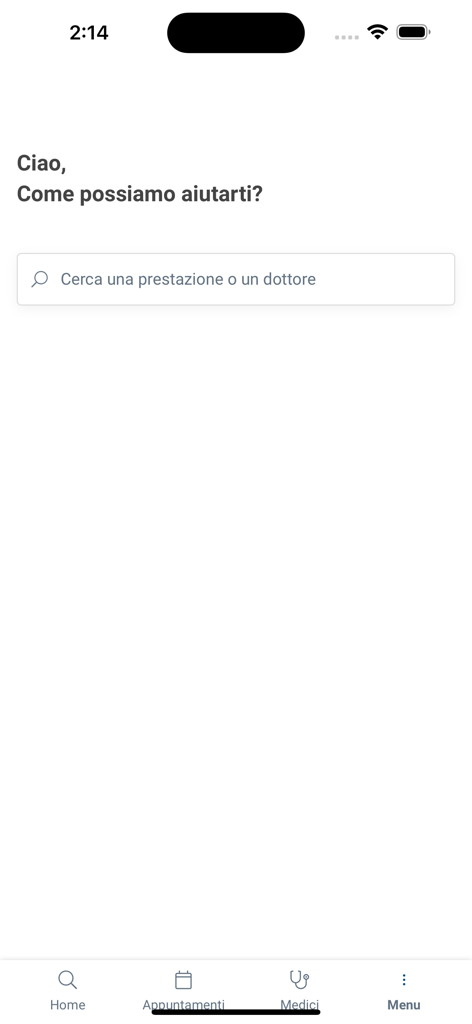 Tela inicial do aplicativo MyMaterDei com uma barra de pesquisa para médicos e serviços médicos.