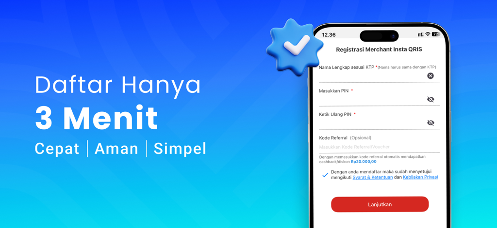 Merchant registration screen of the InstaQRIS app on an iPhone with a three minute signup guarantee