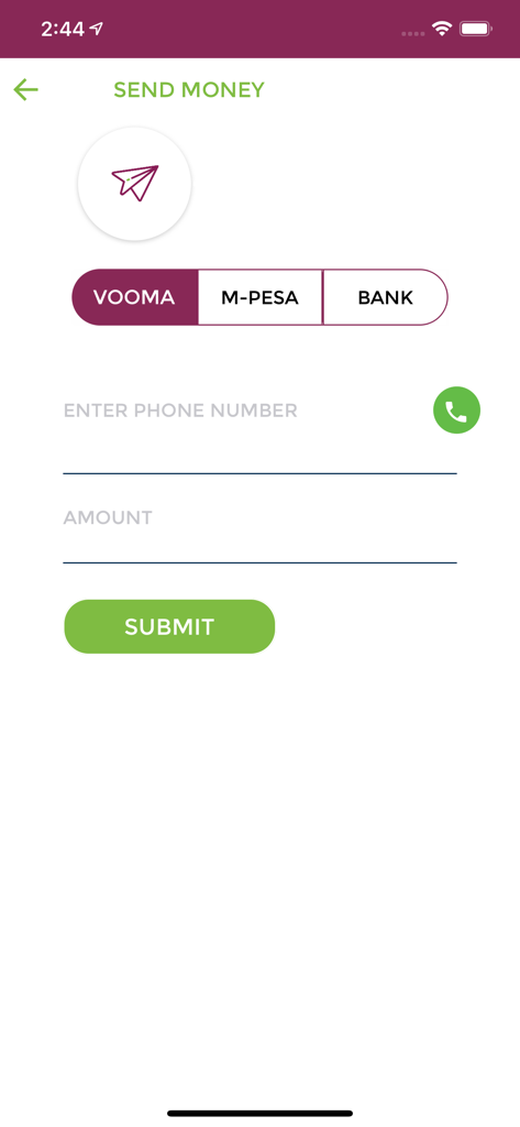 VOOMA - VOOMA app interface for sending money to M-Pesa and banks