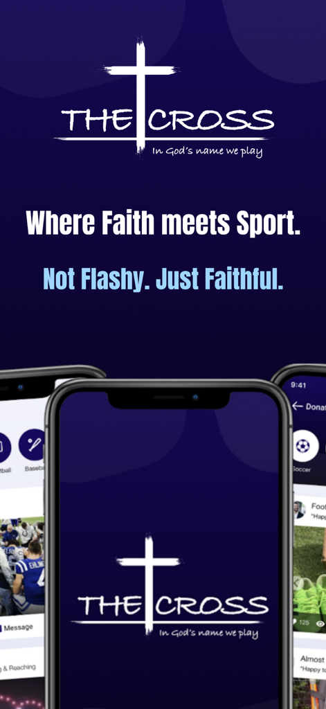 신앙과 스포츠가 만나는 곳, 화려하지 않고 신실한 이라는 문구와 함께 앱 로고 및 스마트폰 목업이 포함된 The Cross App 홍보 그래픽
