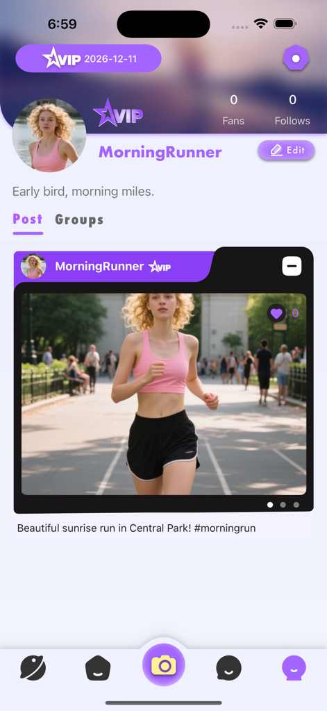 Jogy - Live Chat Fun, Discover - Jogy app user profile screen displaying VIP status and a social running post