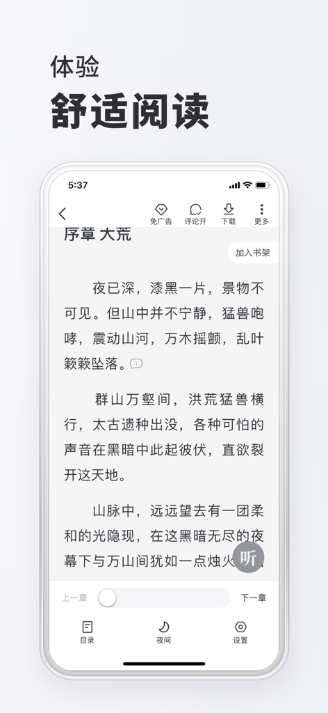 Interface of a Chinese novel reading app showing text and settings on an iPhone.