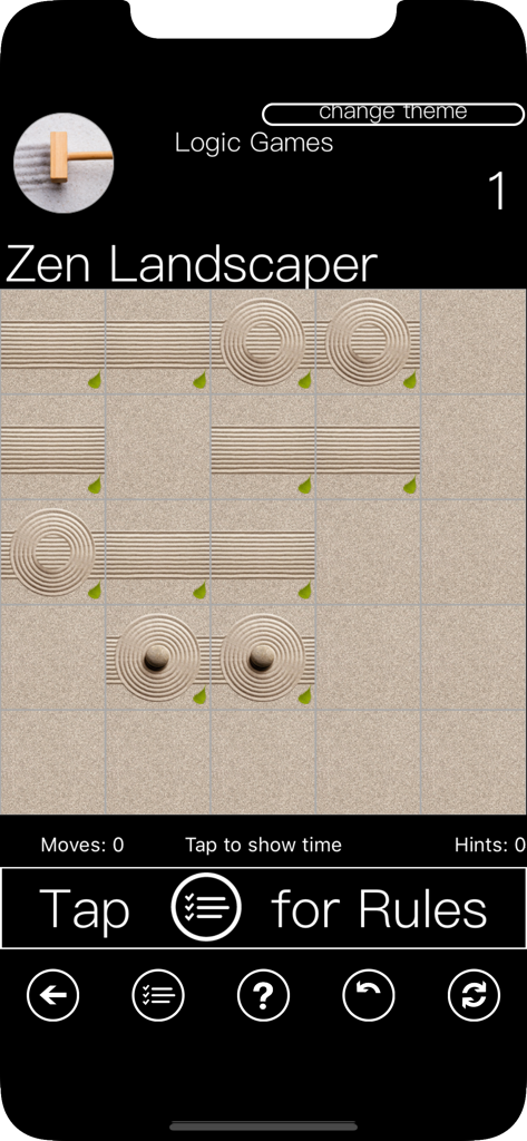 100 Logic Games - Time Killers - A screenshot of the Zen Landscaper puzzle from the 100 Logic Games app featuring a raked sand grid and stones
