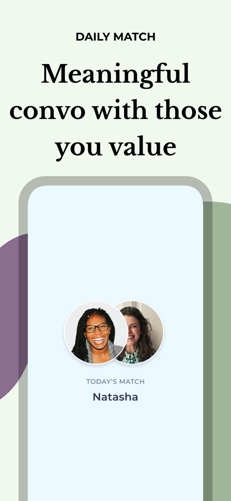Pantalla de la aplicación Agape que muestra la función "Daily Match" para conversaciones significativas con un contacto llamado Natasha.
